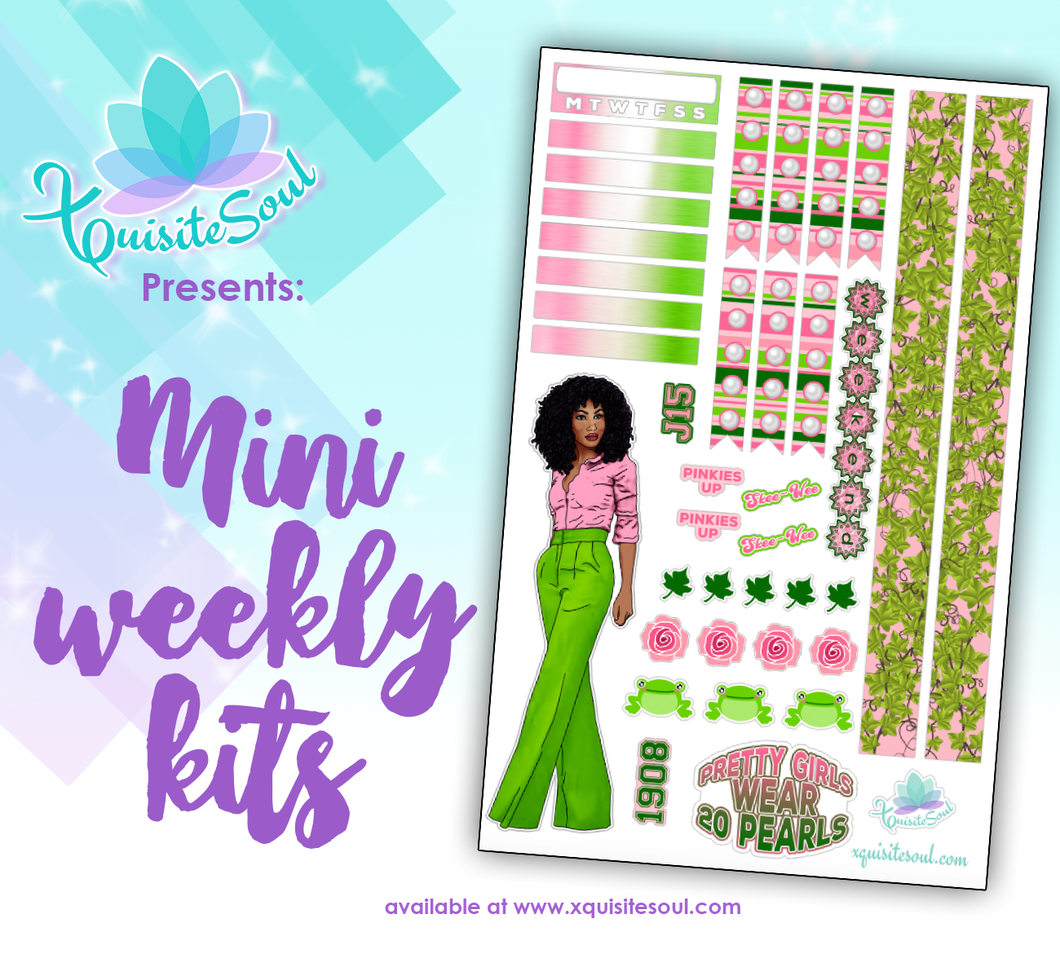 Salmon Pink and Apple Green Sorority Stickers 2.0 African American Mini Weekly Kit